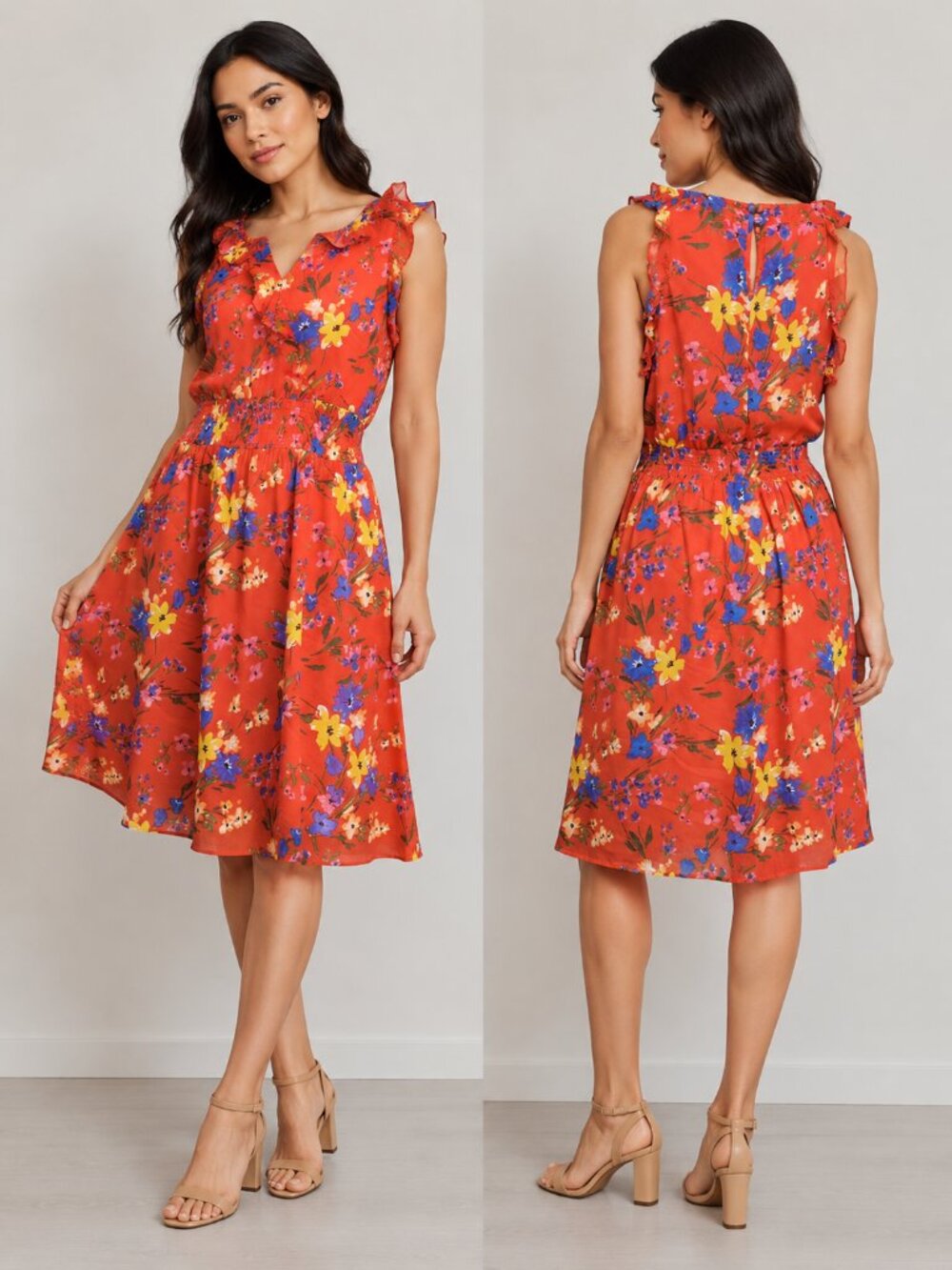 Orange Floral Ruffle Midi Dress Boho Garden Party L